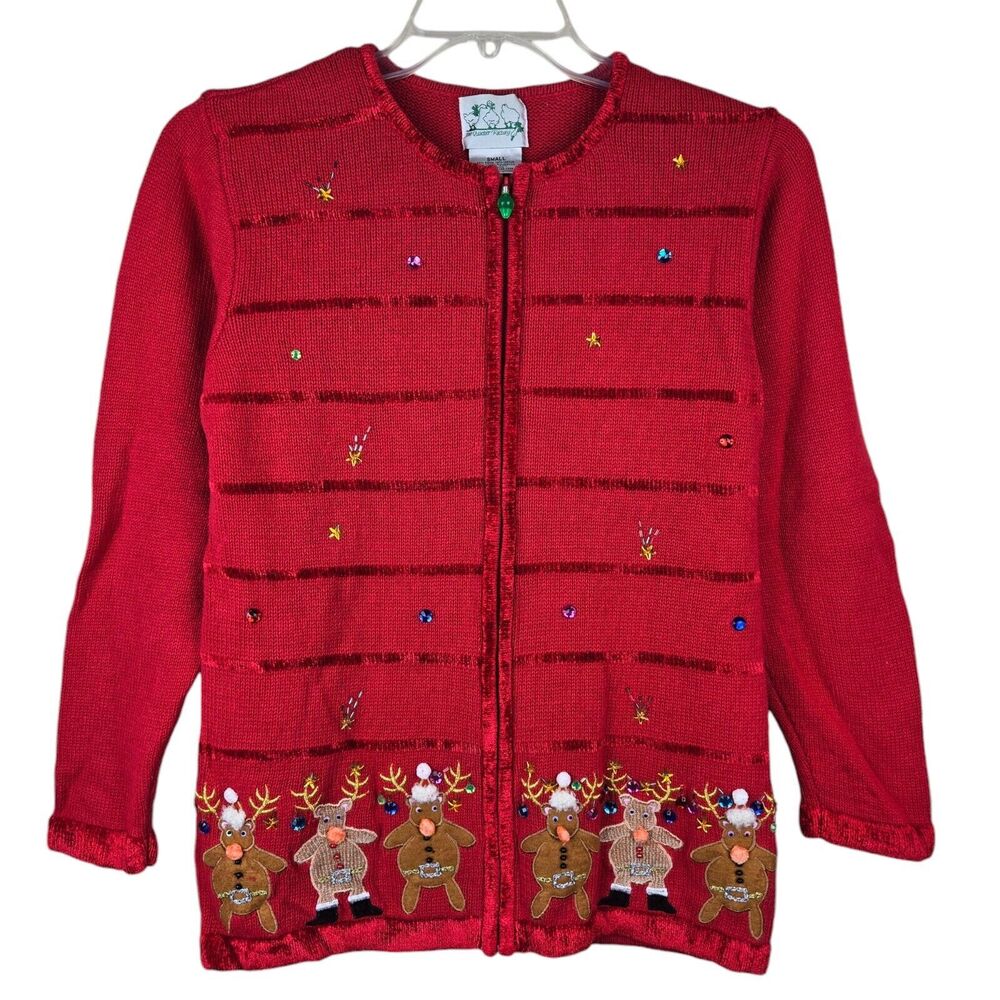 The Quacker Factory Reindeer Sz Small Red Christmas Cardigan Sweater Full Zip